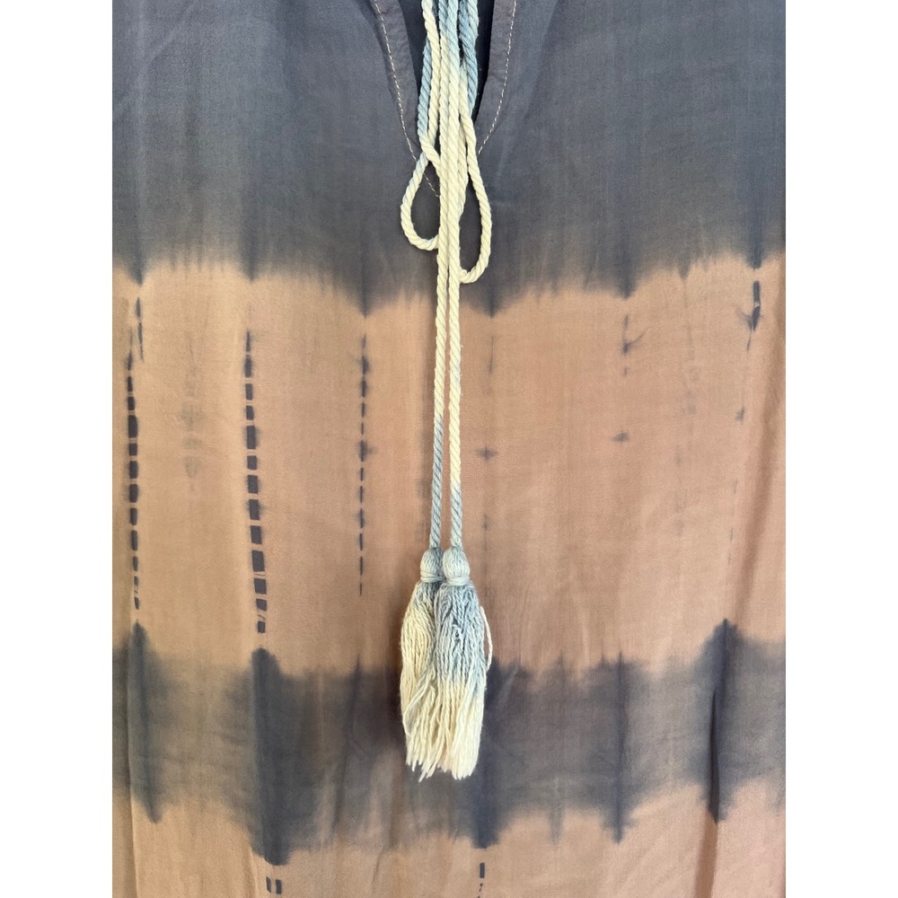 Hyena Tie Dye Tassel Trim Long Sleeve Dress Blue Tan Beachy Size Medium - Picture 3 of 5
